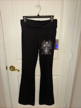 Urban Weekend Fold-Over Waist Black Flare Pants with Embellished Cross Detail